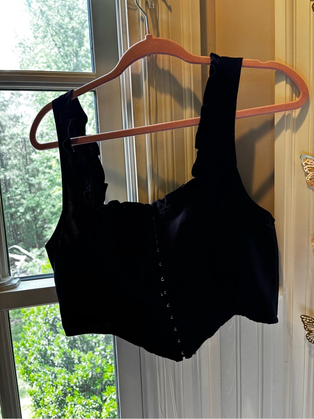 Forever 21 Black Ruffle-Strap Hook-Front Crop Top